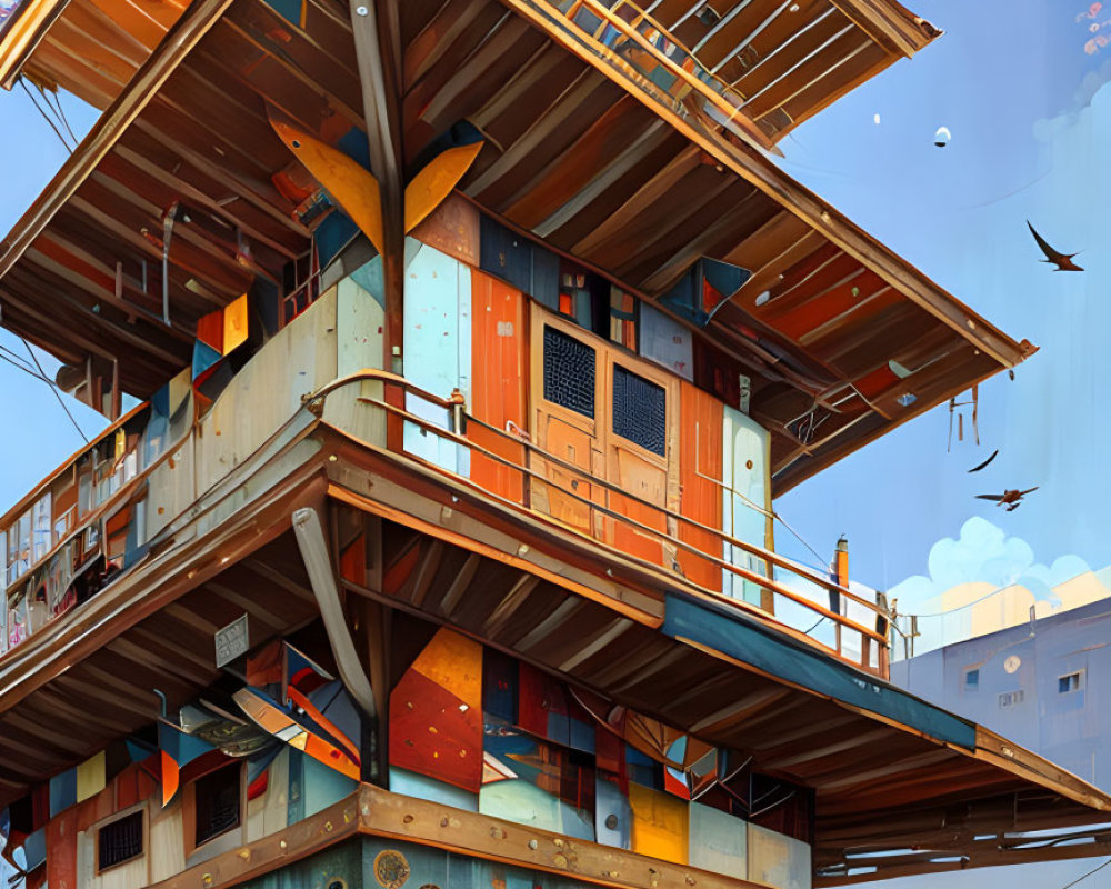 Whimsical multi-story building with patchwork walls and bird in flight against colorful floral-patterned sky