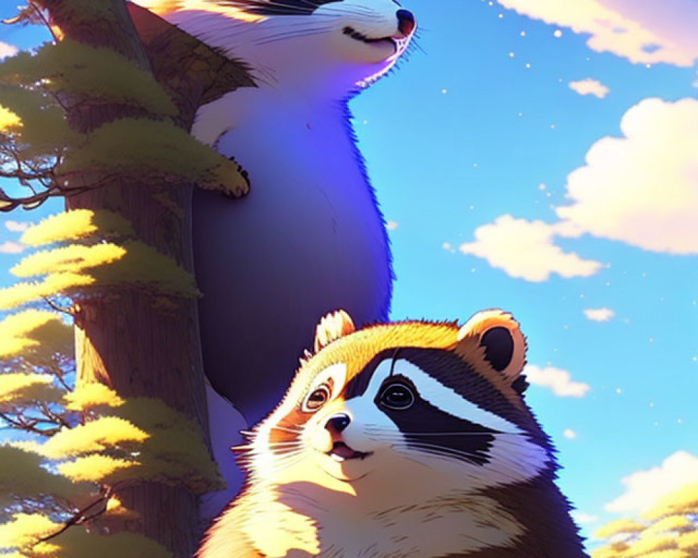 Animated raccoons near tree with bright sky and sunlight