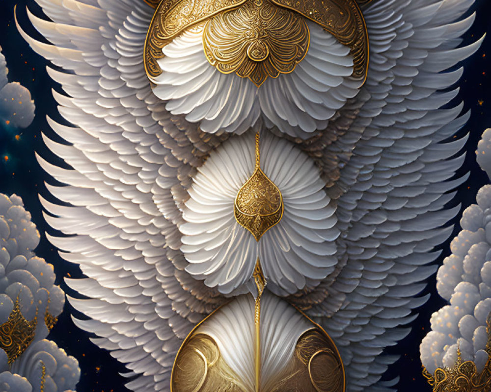 Digital artwork of serene face with golden headgear and white feathered wings on starry backdrop