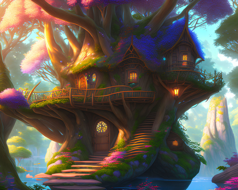 Whimsical treehouse in vibrant forest with warm light