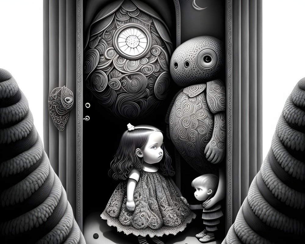 Monochrome surreal illustration of girl and boy with intricate owls in moonlit setting