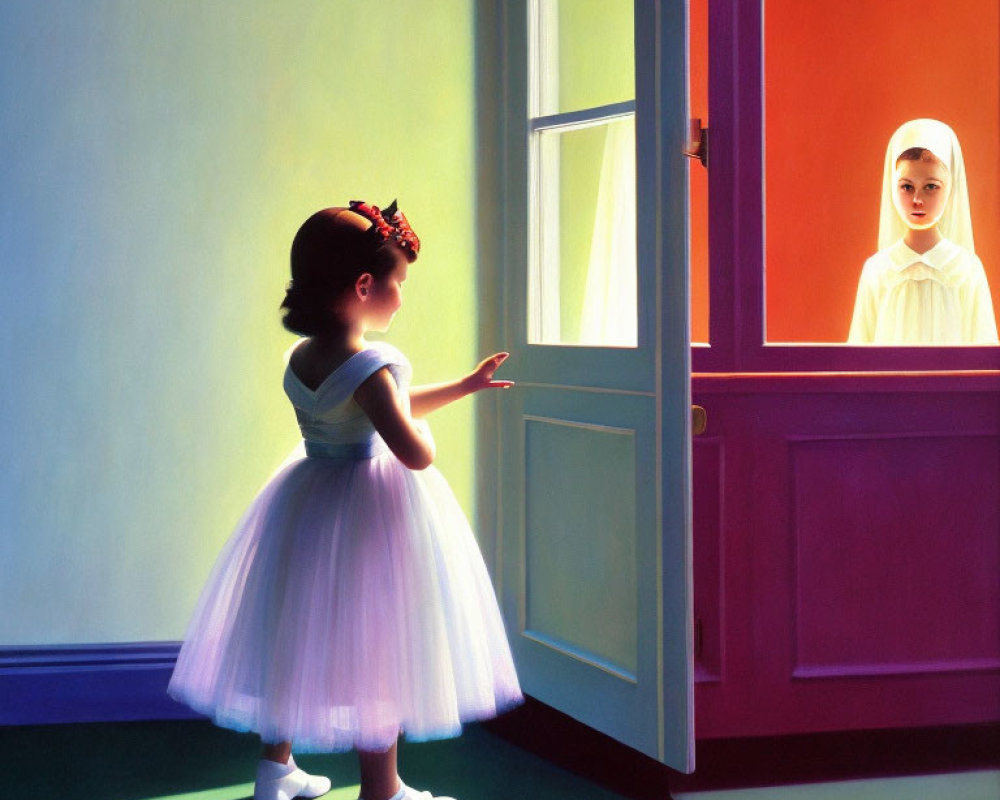 Young girl in white dress reaches for colorful door with nun in warm light