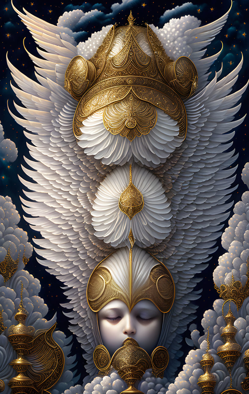 Digital artwork of serene face with golden headgear and white feathered wings on starry backdrop