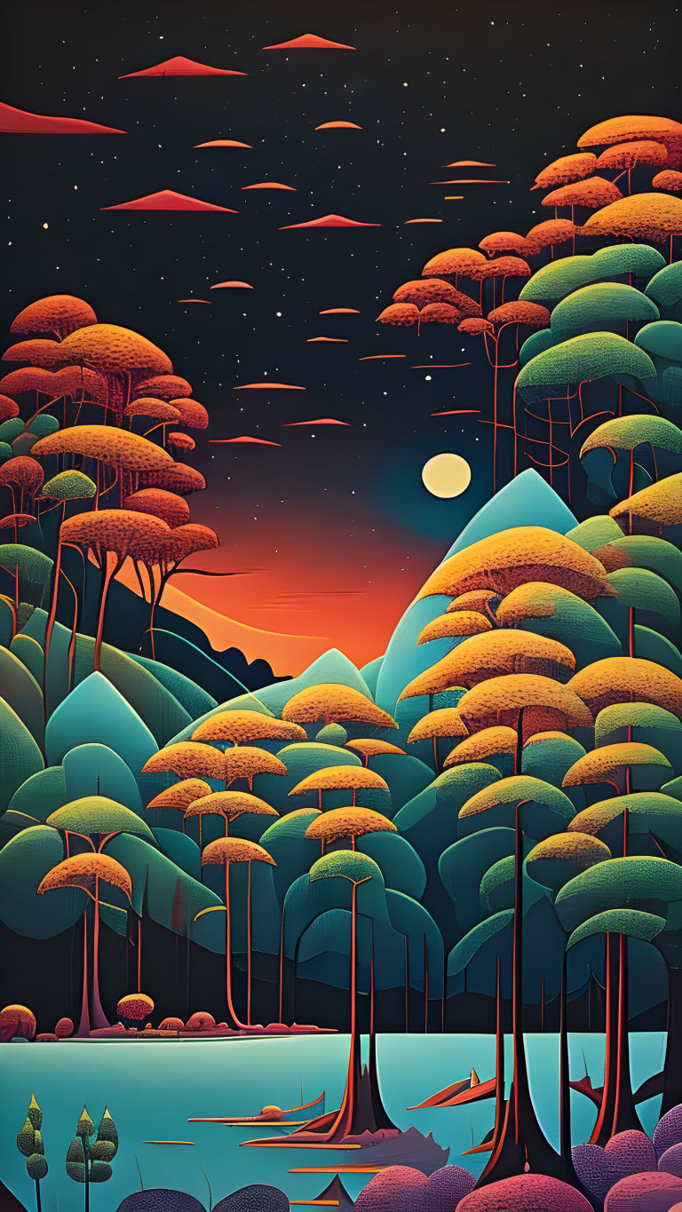 Vibrant forest illustration with layered trees in green, blue, and orange under night sky