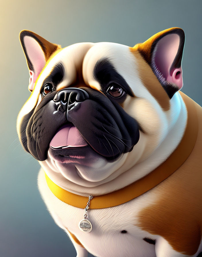 Detailed French Bulldog Illustration with Prominent Eyes and Tan Collar