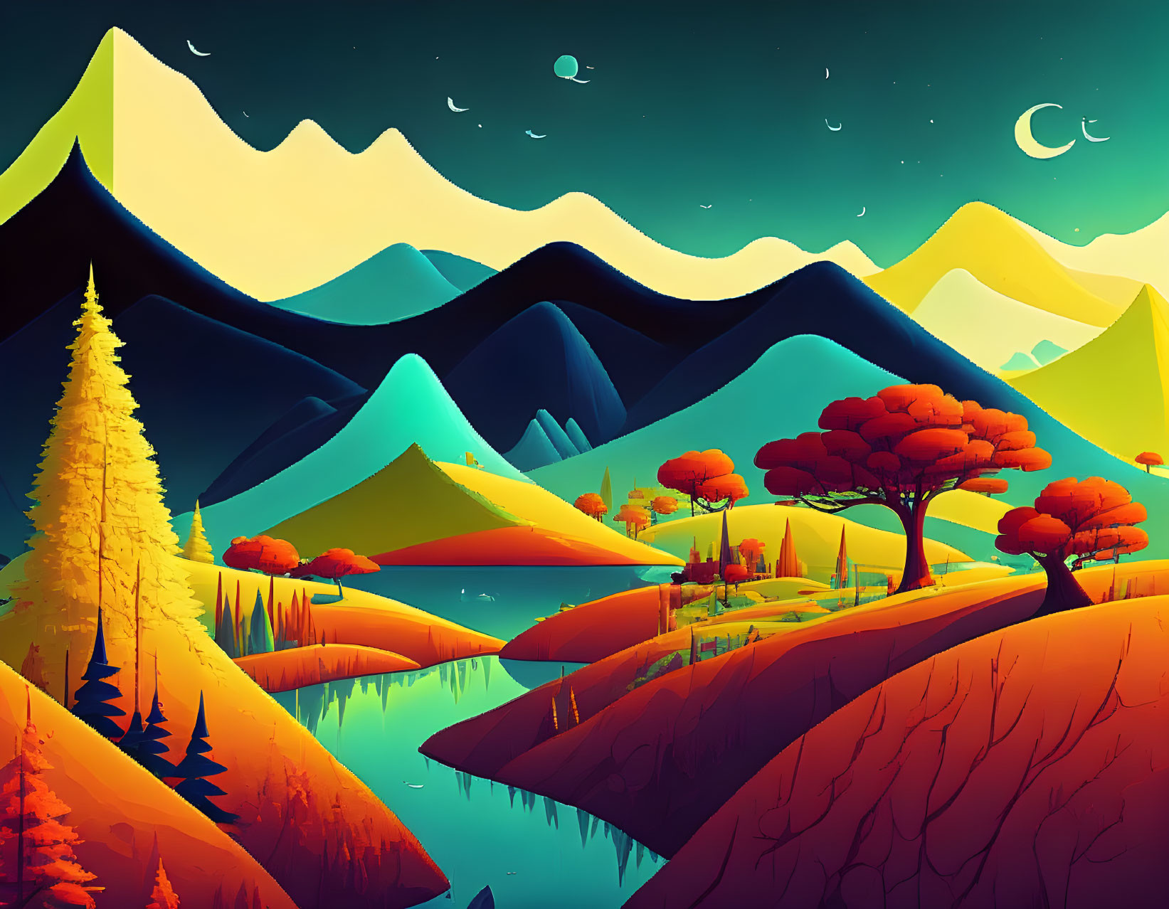 Colorful Mountain Landscape Illustration with Trees, Hills, and River at Twilight