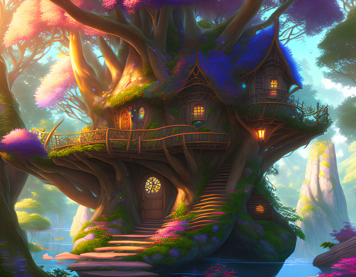 Whimsical treehouse in vibrant forest with warm light