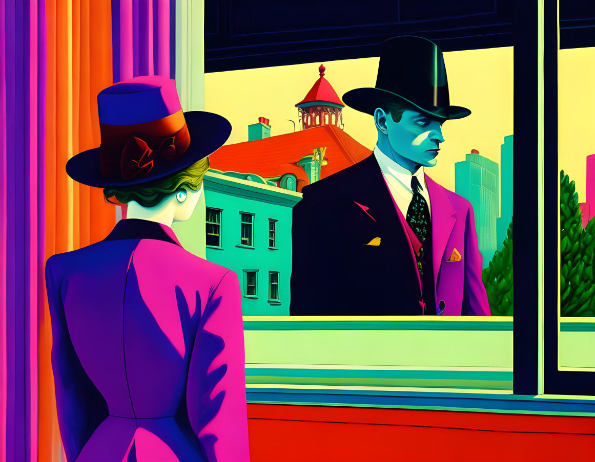 Colorful illustration of woman and man in suits with hats, gazing at cityscape.