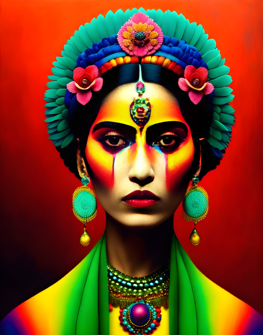 Colorful Makeup and Attire on Person Against Red Background