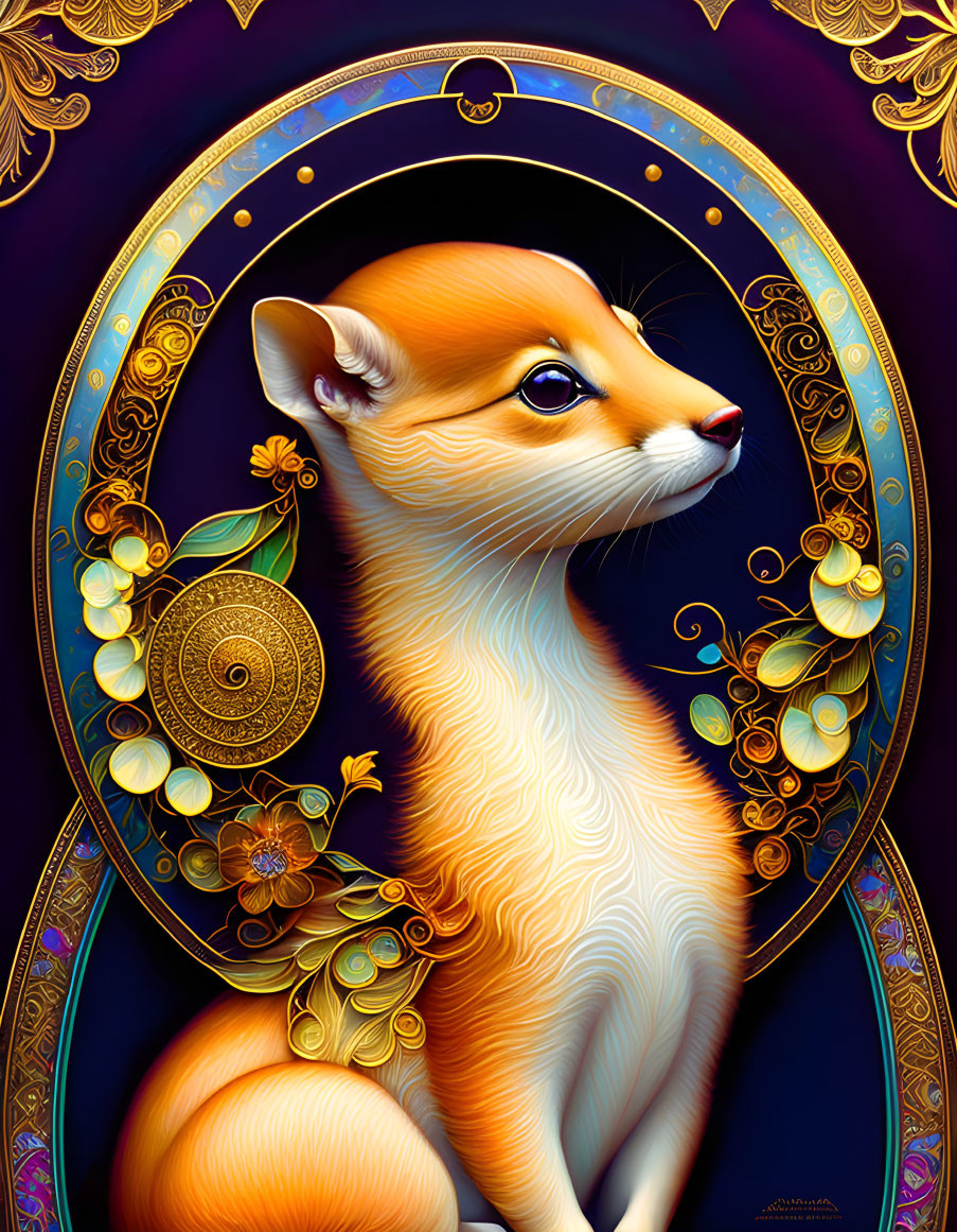 Stylized orange fox with golden swirls on purple background