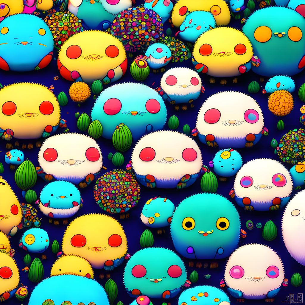 Vibrant kawaii-style characters with diverse expressions, patterns, and textures among cacti and