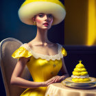 Stylized woman in yellow period dress with matching hat and cake on table