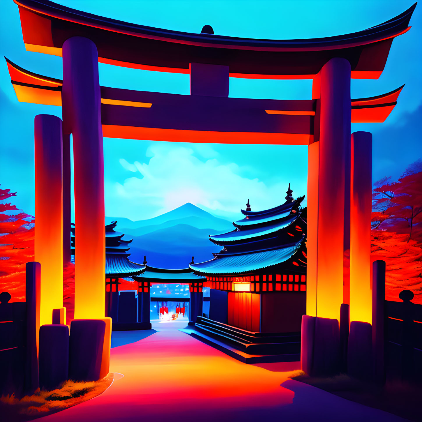 Traditional Japanese Torii Gate and Mount Fuji Illustration at Sunset