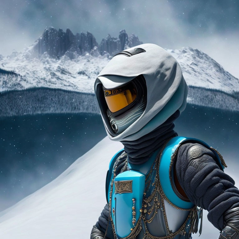 Futuristic astronaut in white and blue suit against snowy mountains and cloudy sky