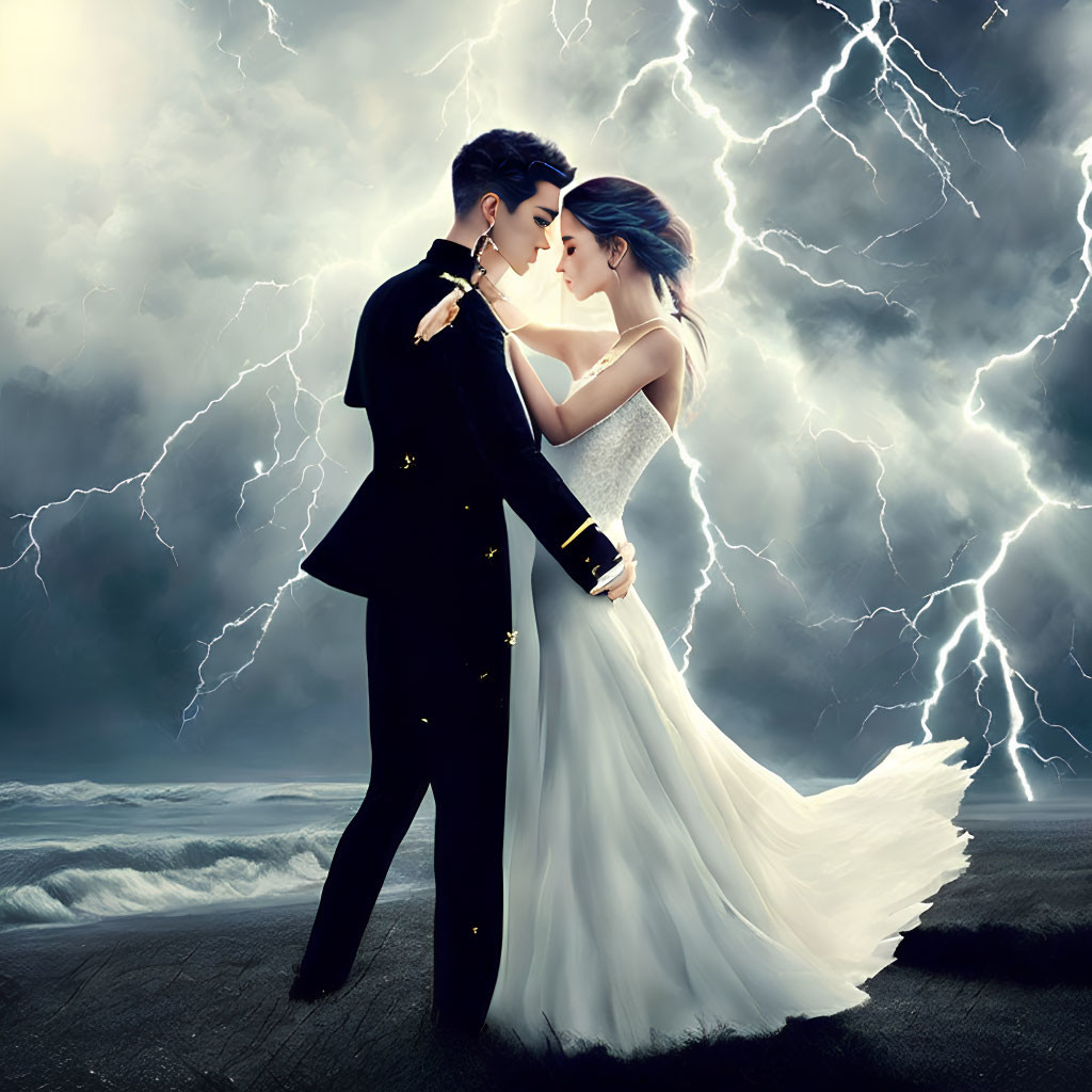 Formal attire couple embraces on beach under stormy sky