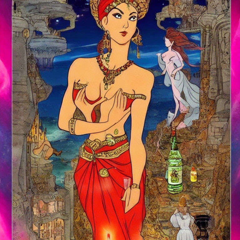 Illustrated woman in red outfit with golden jewelry against fantastical backdrop.