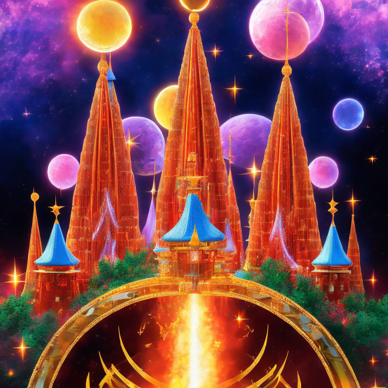 Fantasy castle with pointed turrets under cosmic sky and colorful planets.