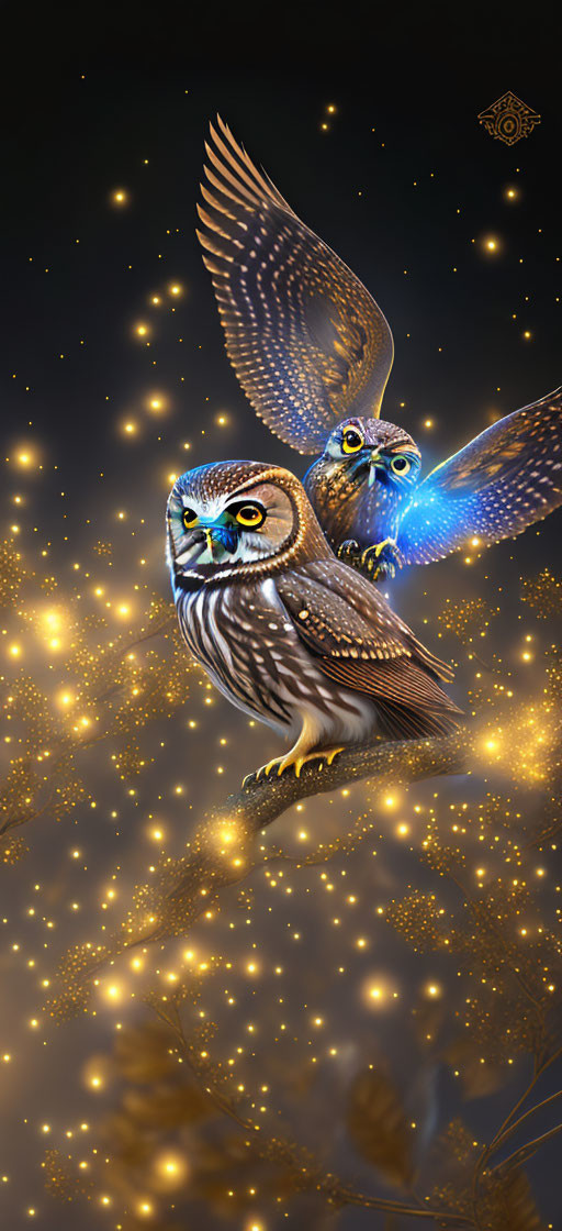 Stylized vivid owls in flight against starry background.