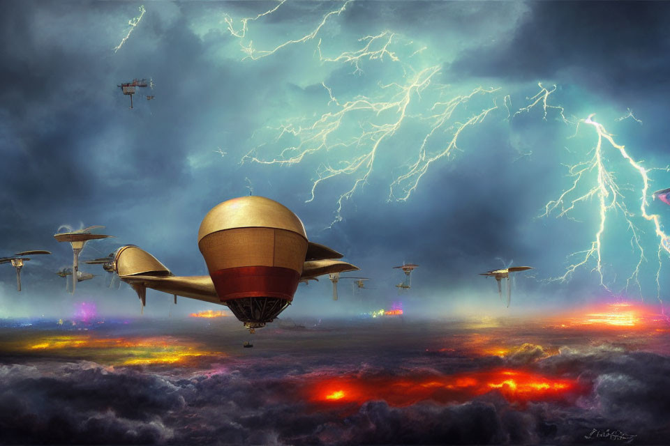 Fantasy landscape with central airship, fiery clouds, and stormy sky.