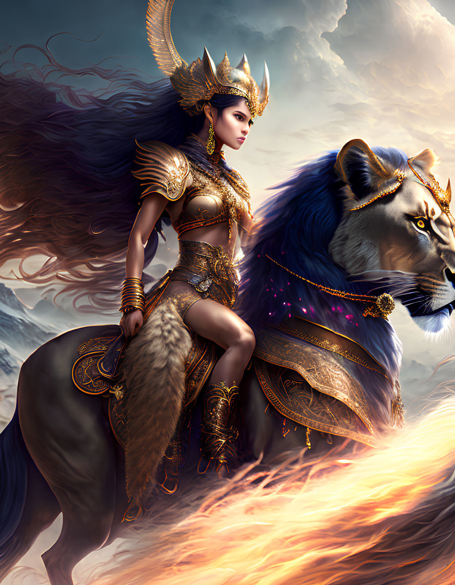 Regal warrior woman in golden armor riding giant lion under cloudy sky