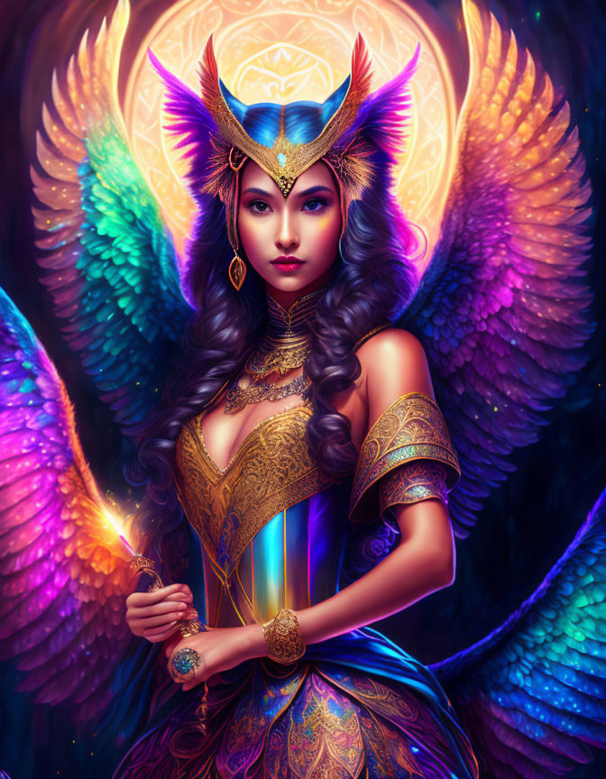 Illustration of woman with rainbow wings, golden headdress, armor, and light orb