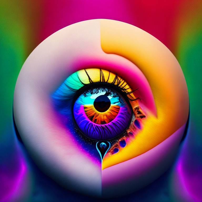 Multicolored digital artwork of a detailed human eye in a sphere with cosmic elements on rainbow background