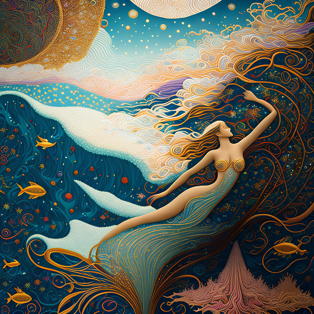 Vibrant underwater scene: mermaid with flowing hair in celestial waters