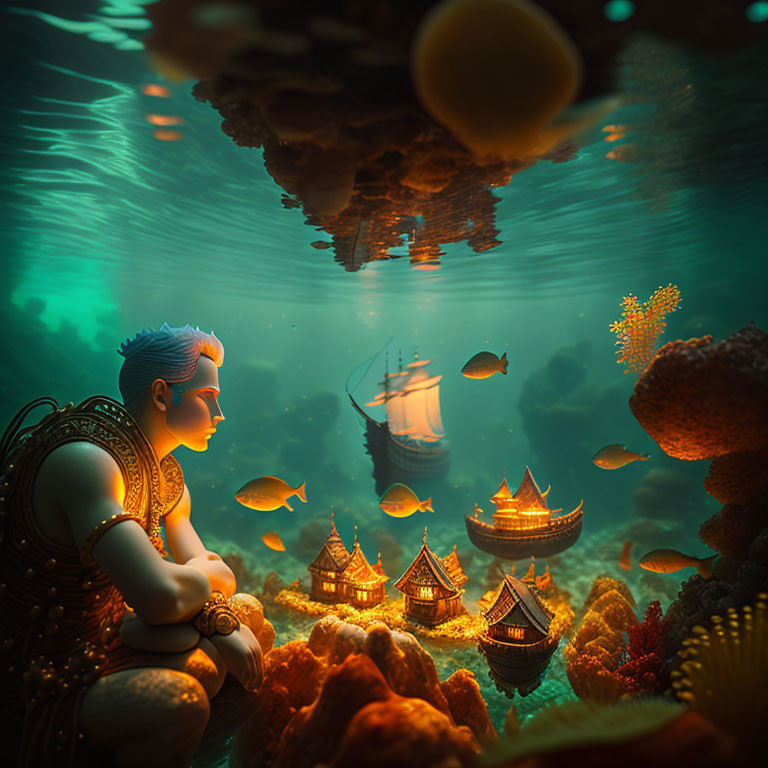 Animated underwater scene with contemplative character and stylized fish