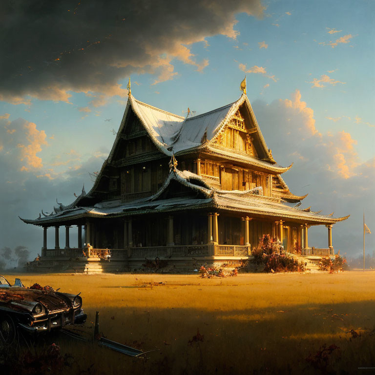 Illustration of ornate wooden temple and abandoned car in field