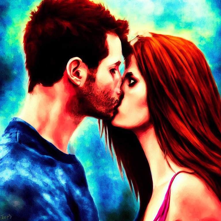 Vibrant painting of man and woman sharing intimate kiss