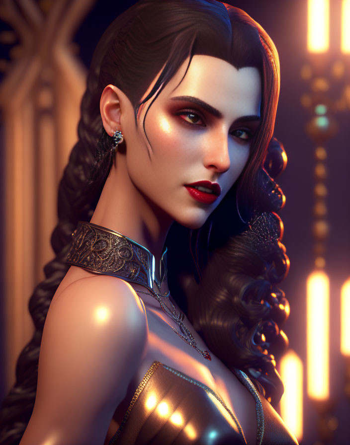 Virtual female character with porcelain skin and dark hair in futuristic collar