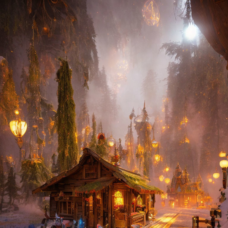 Winter Scene: Cozy Cabin, Lanterns, Ornaments, Snow-Covered Trees