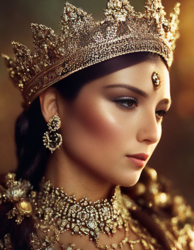 Regal woman with golden crown and jewelry in serene gaze