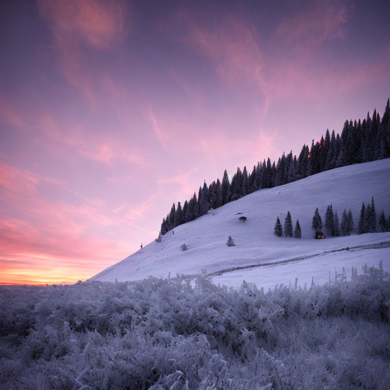 Winter scene: snowy hillside, conifer trees, pink sunrise sky, cozy cabin window glow.