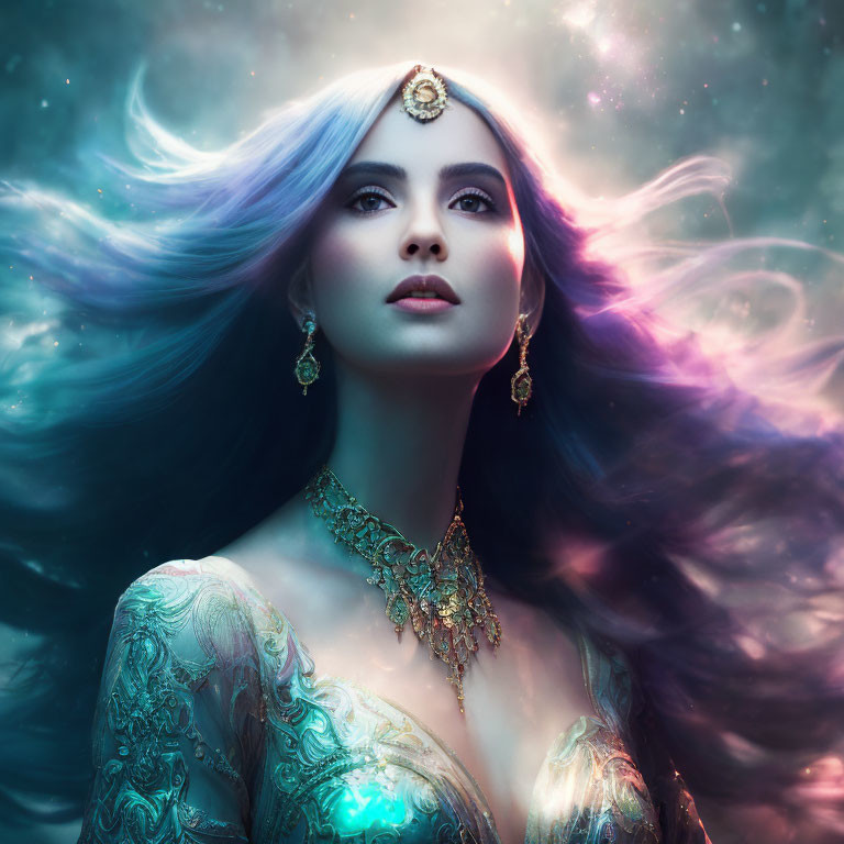 Purple-haired woman with bold makeup and gold jewelry against starry backdrop