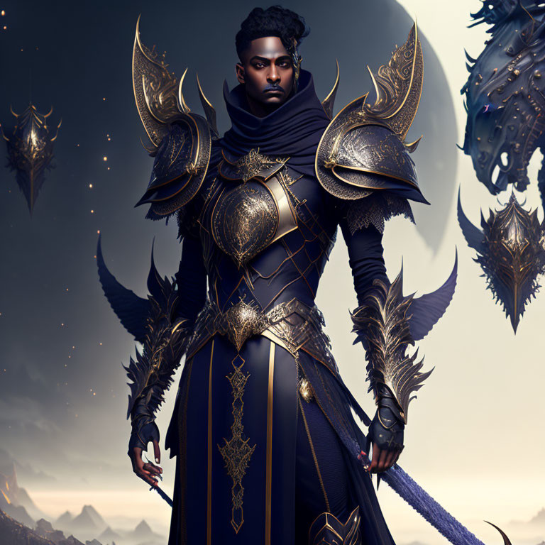 Regal figure in dark armor with gold trimmings holding a sword beside mystical creature