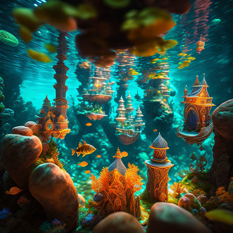 Colorful Coral Reefs and Fantasy Towers in Sunlit Ocean Scene