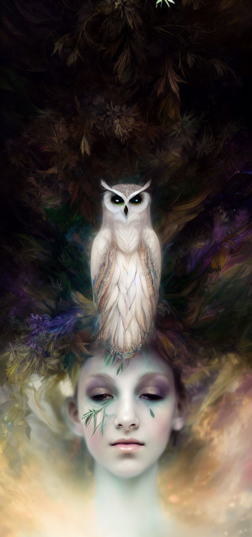 Surreal portrait of woman's face merging with owl on abstract background