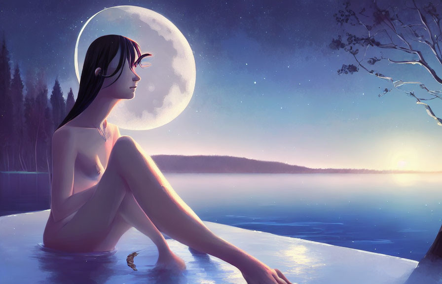 Tranquil lakeside scene with woman, moon, and sunrise