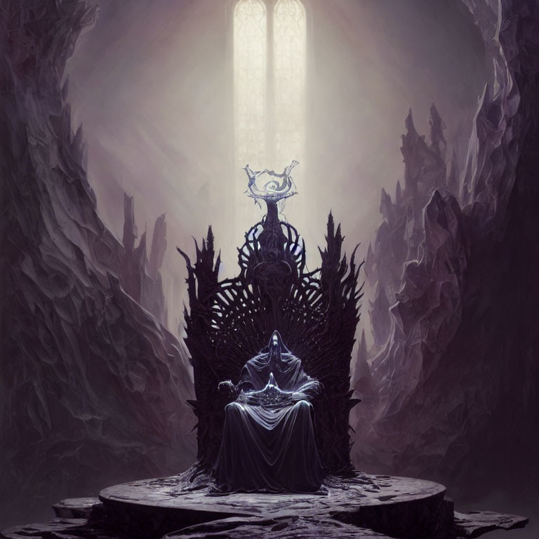 Dark-robed figure on spiky throne in dim cavernous space