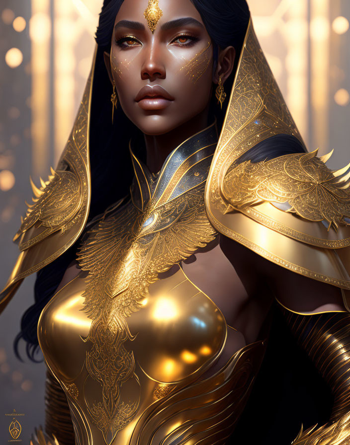 Golden-armored woman with tattoos in soft-lit setting