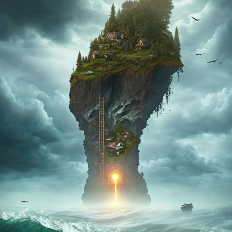 Mystical floating island with houses, waterfall, and glowing portal above stormy seas