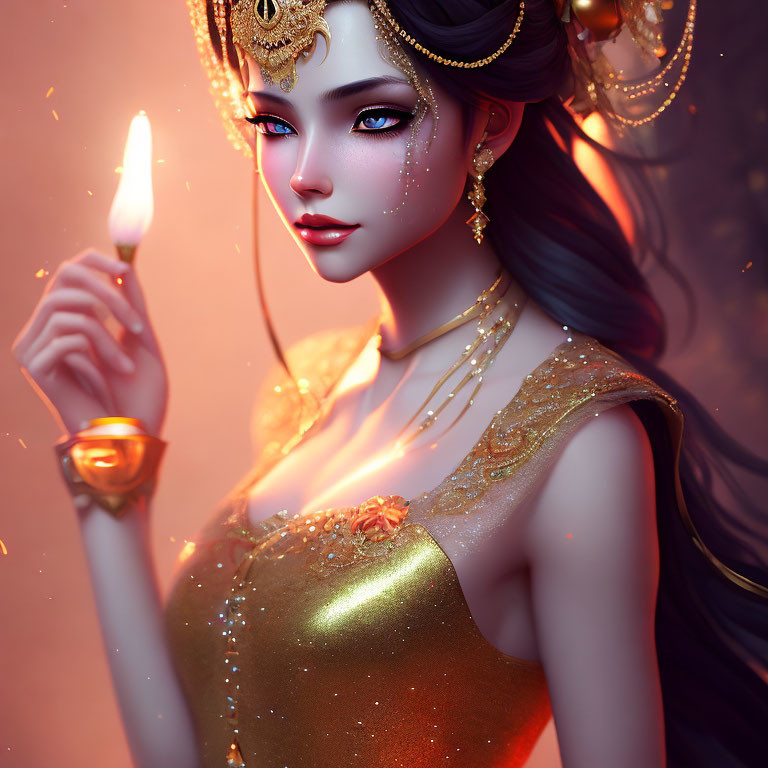 Fantasy woman with gold jewelry holding a candle on warm backdrop