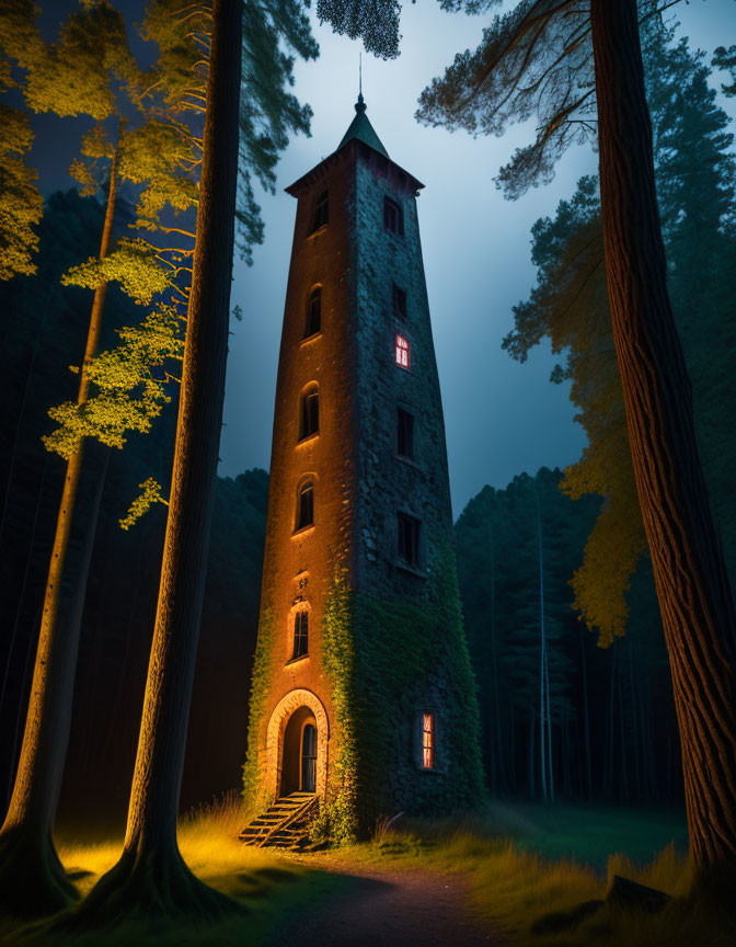 Tall Tower in Dark Forest with Glowing Windows