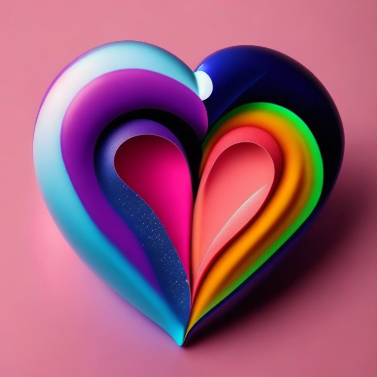 Colorful 3D-rendered heart with glossy finish and rainbow swirls