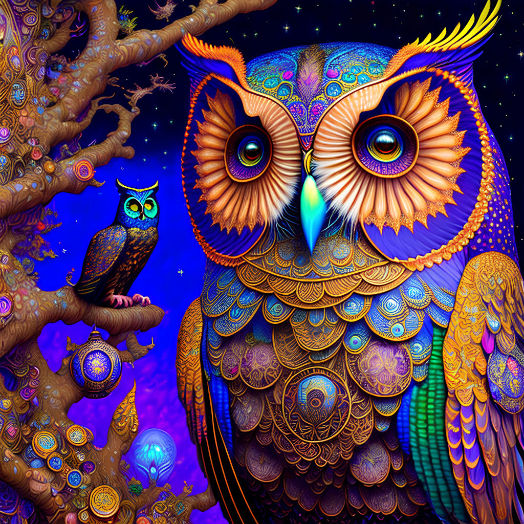 Colorful Owl Illustration Against Starry Night Sky with Whimsical Trees