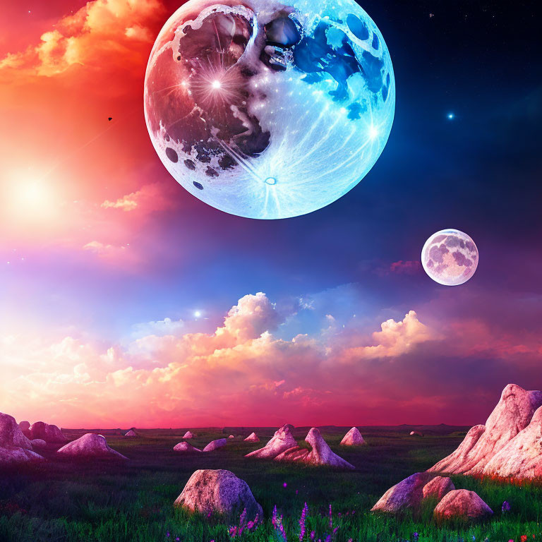 Surreal dusk landscape with blue planet, moon, rocks, and flowers