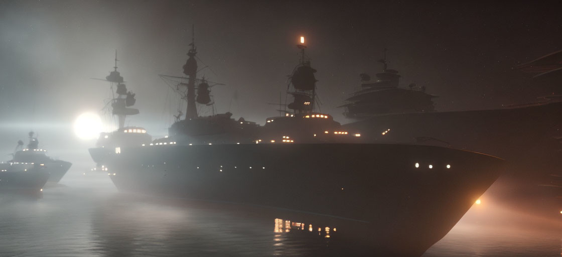 Illuminated warships on foggy night with modern and older vessels