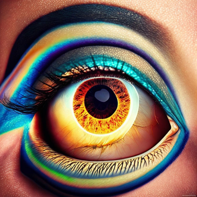 Close-up of human eye with vibrant rainbow-colored makeup and detailed iris.