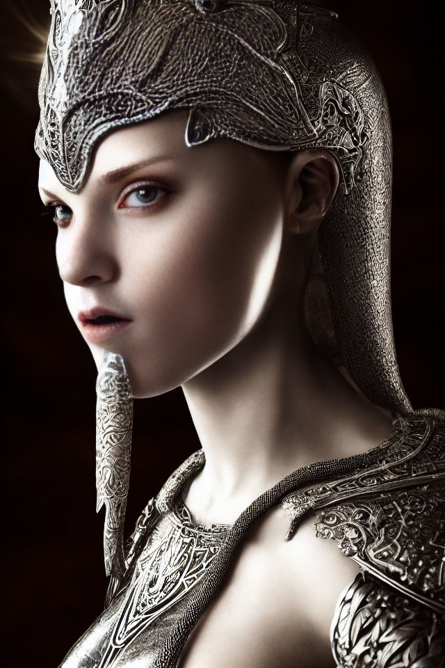 Striking woman in ornate crown and armor, gazing intently